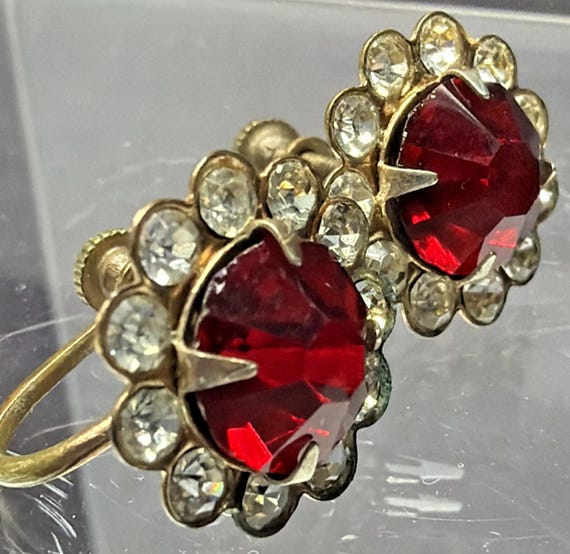 Vtg Ruby Red Clear Rhinestone Flower Cluster Halo… - image 5