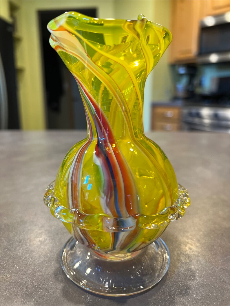Vintage Lutetian Italy Yellow Art Glass Vase Footed Ribbon Etsy
