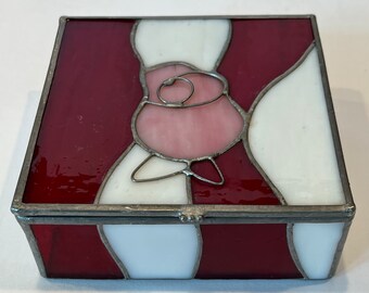 Vintage Stained Glass Slag Square Box Red Pink White Floral Rose Iron Metal