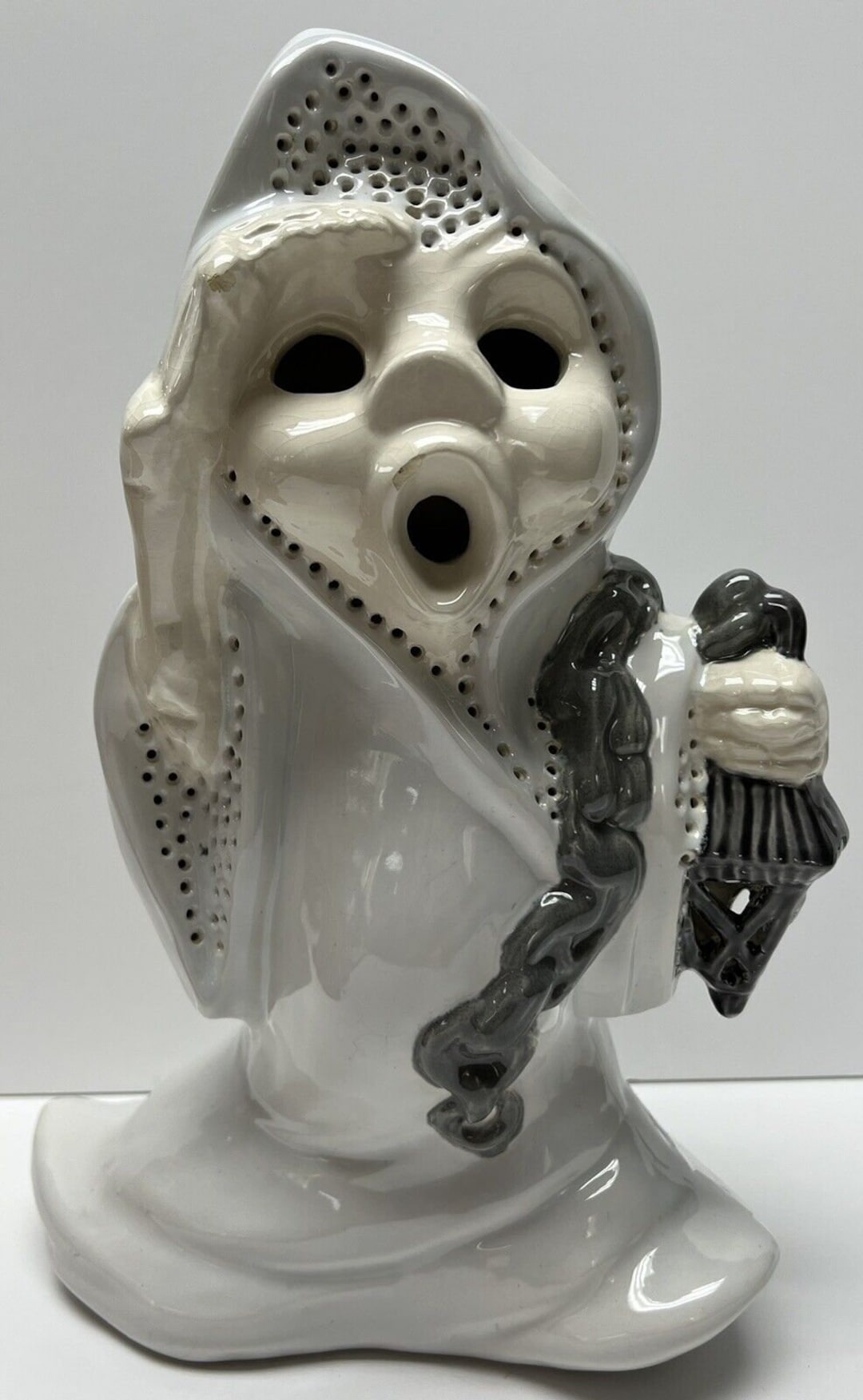 Vintage Ceramic Ghost Lantern Light up Glazed White Gray Etsy