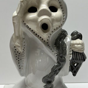 Vintage Ceramic Ghost Lantern Light Up Glazed White Gray Skeleton
