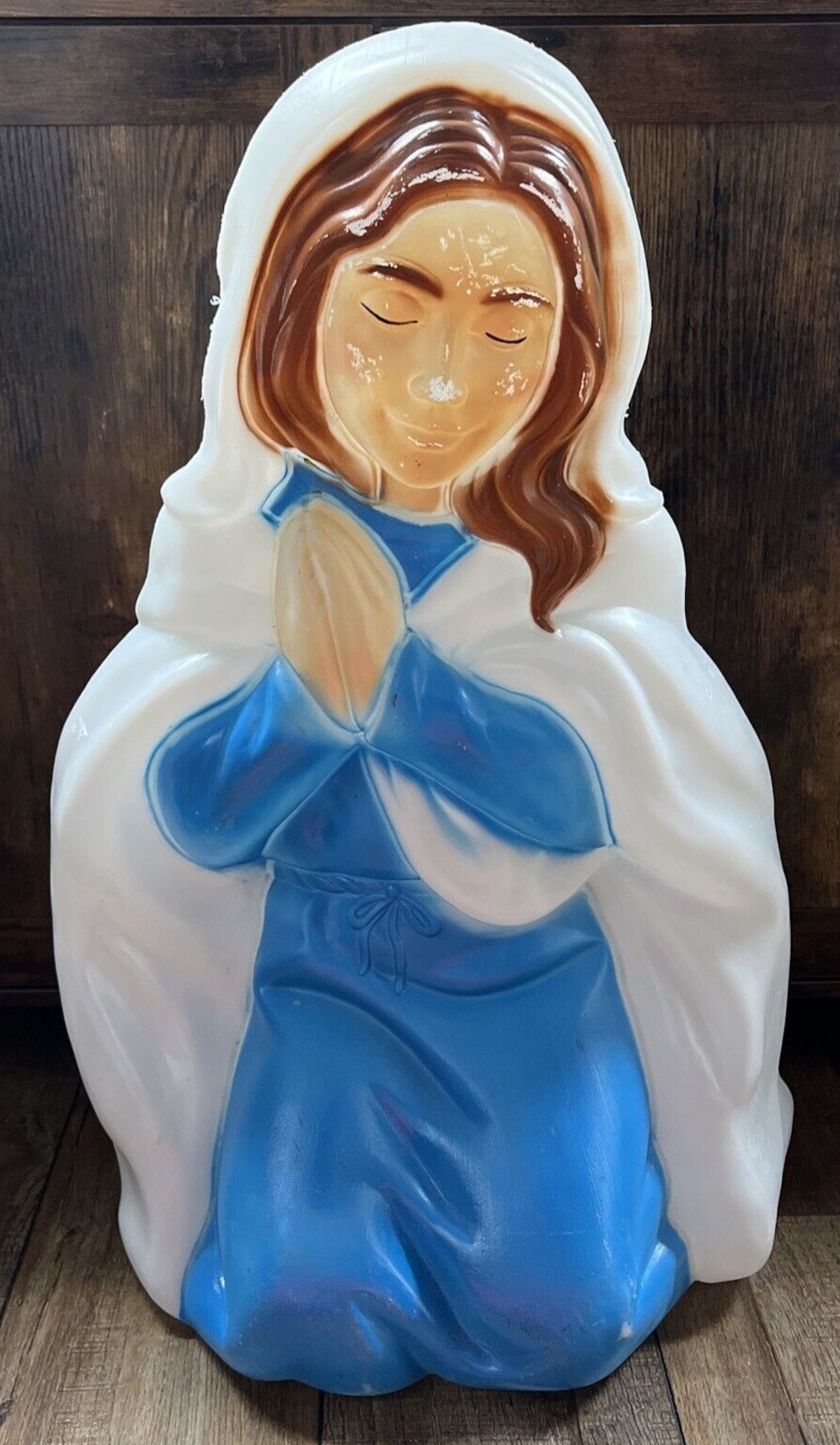 Vtg General Foam Plastics Blow Mold Virgin Mary Nativity Blue Praying