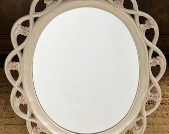 Vintage Syroco Wood Ornate Standing Hanging Mirror White Pink Flower Buds READ