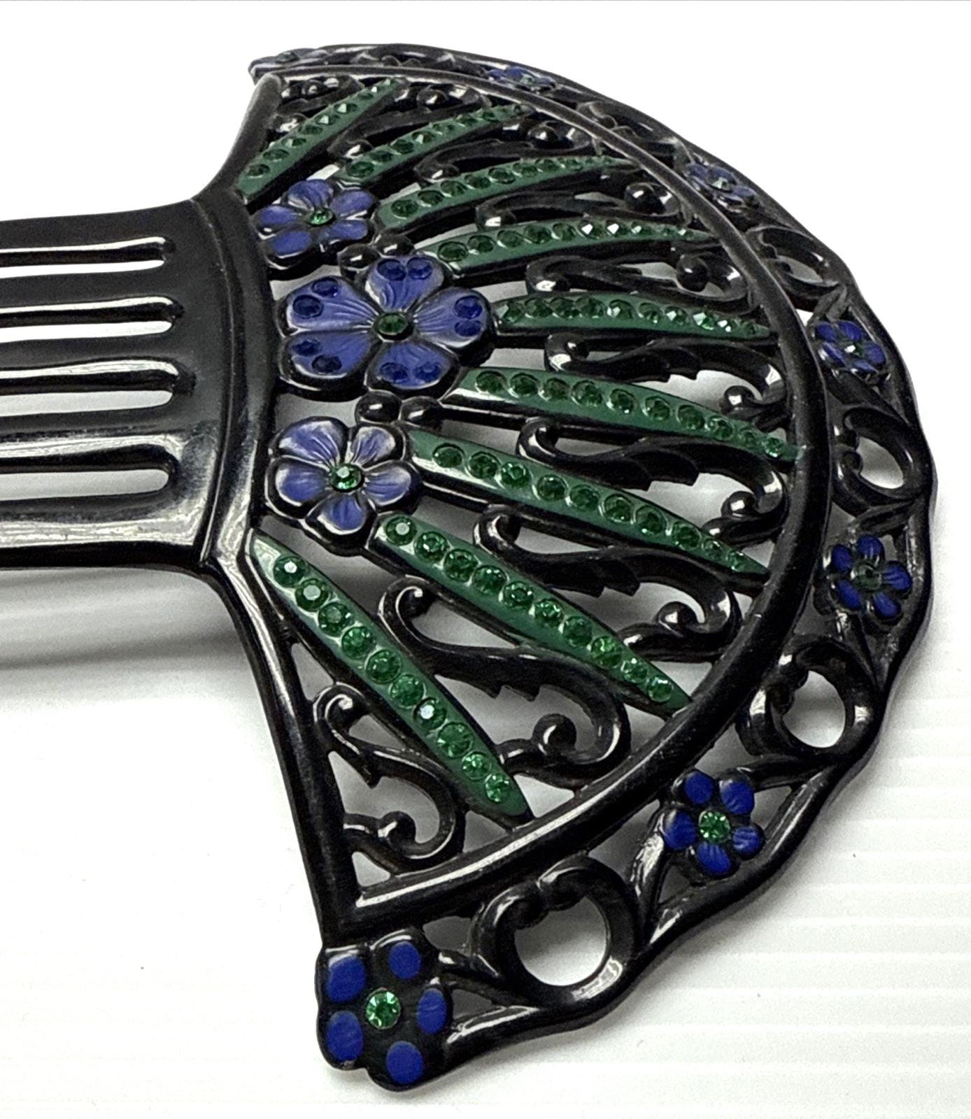 VTG Hair Comb Black Clear Fan Shaped Celluloid Art Deco Art Deco Large Fan Shape Hair Comb Black Celluloid  main image 2