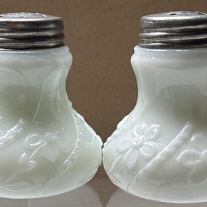 EAPG Unknown Glass Co Primrose and Pearls Salt Pepper Shakers Opal Milk Glass