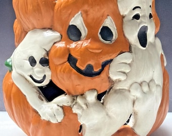 Vintage Holland Mold Halloween Ceramic Candle Holder Ghost Pumpkin Hand Painted