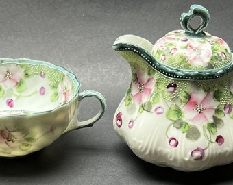 Old Lot of 2 Nippon Hand Painted Mustache Saver Teacup Moriage Teapot Creamer