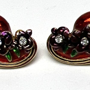Vintage F.L. Red Hat Society Enamel Jeweled Purple Floral Hat Earrings Posts