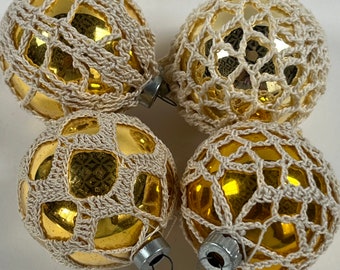 * vintage ornament ♧ *  よつ葉のクローバー オーナメント Vtg Lot of 4 Christmas Ornament Hand Crochet Shiny Brite