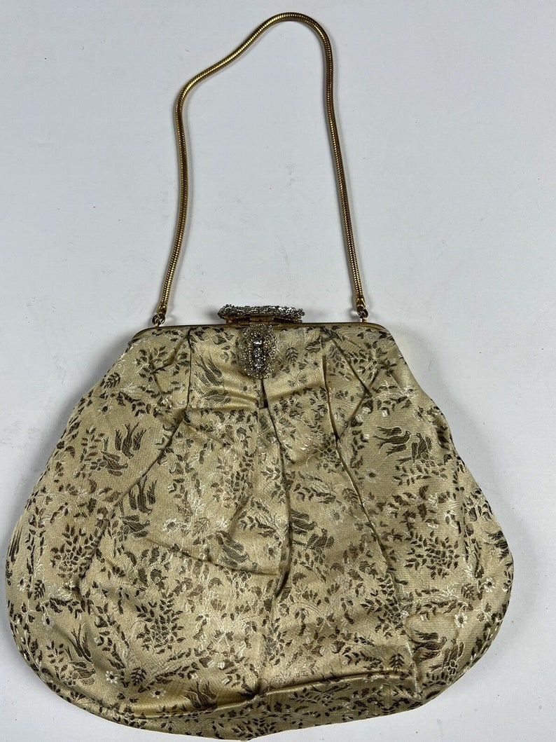 Old French Style 1900s Floral Clutch Bag Rhinestone Gold Lined image 1