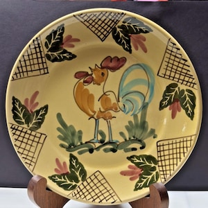 Vtg Lamas Pottery Italy Ceramic Rooster Hen Plate Floral Grid Design Farmhouse