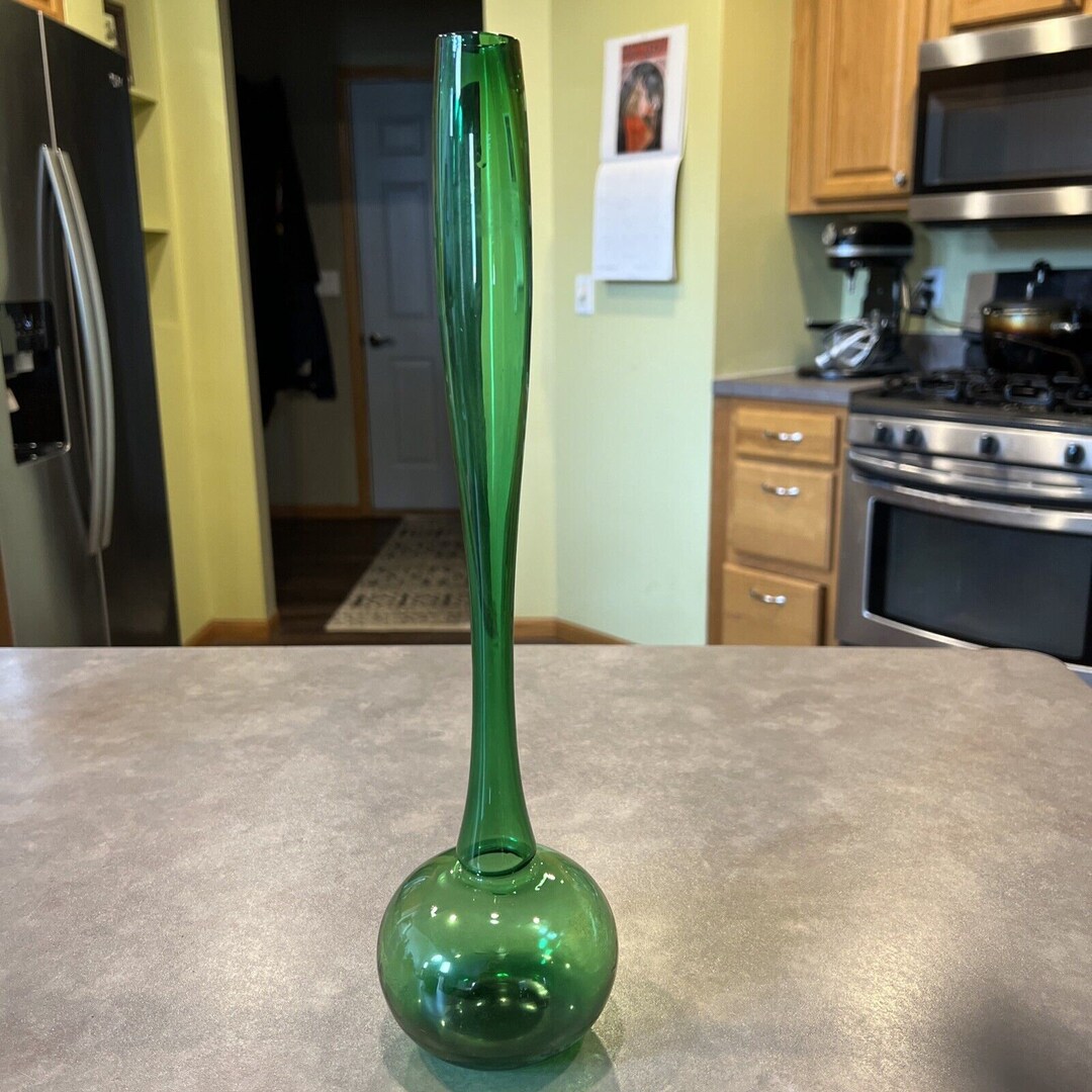 MCM Sweden Green Bottle Neck Vase Pencil Bulb Glass Etsy