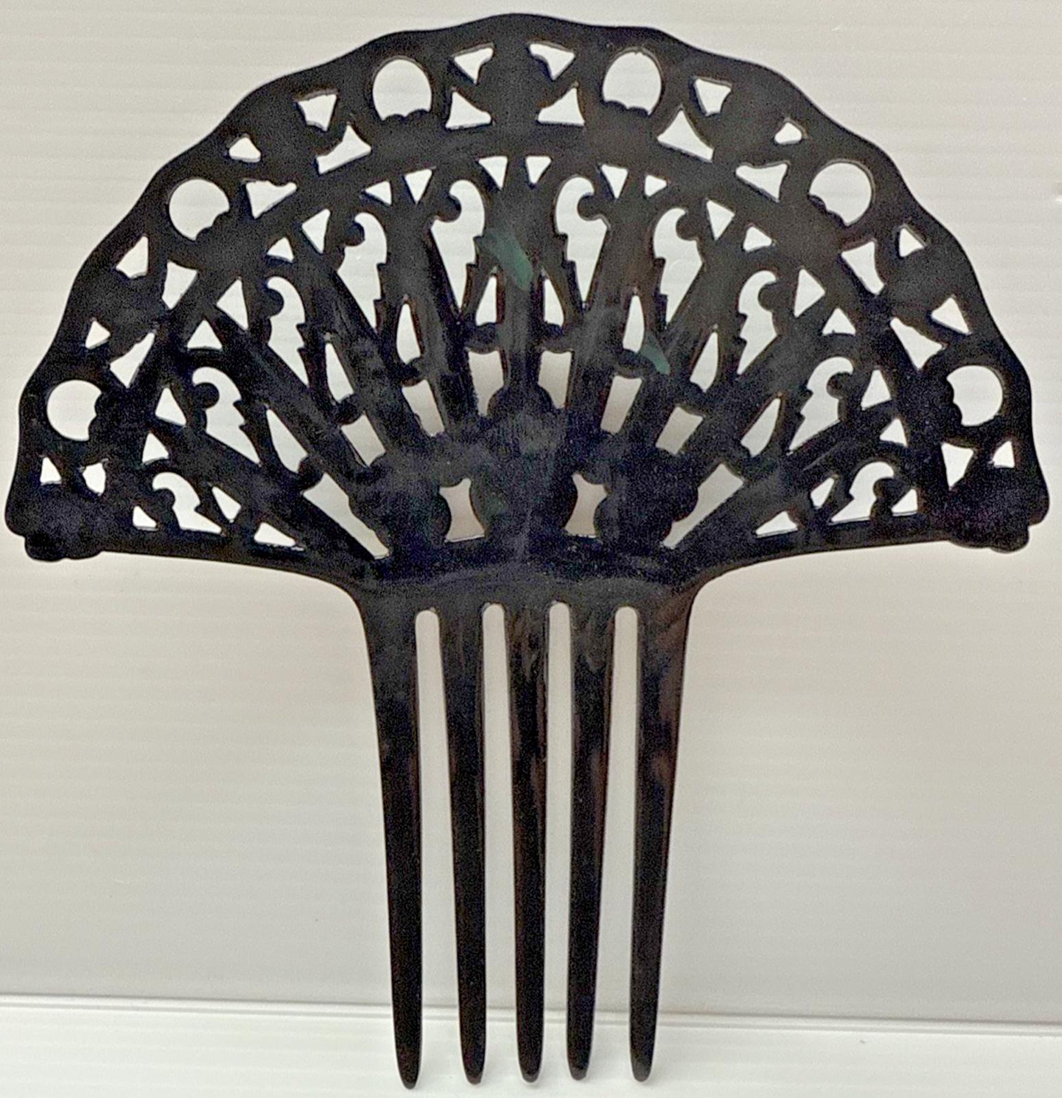 Art Deco Large Fan Shape Hair Comb Black Celluloid 