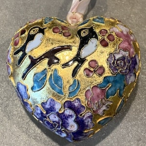 Vintage Cloisonne Enamel Porcelain Birds Floral Ornament Gold Metal
