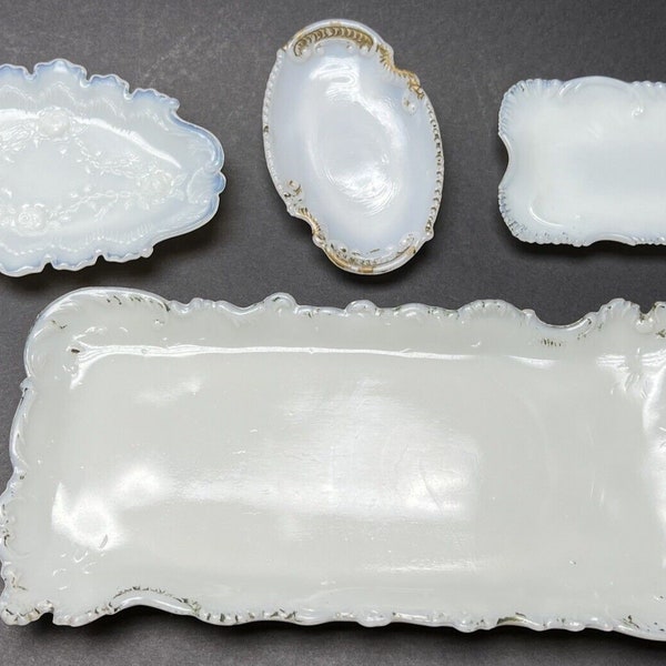 EAPG Lot of 4 Victorian Opal Milk Glass Vanity Pin Trays AS-IS