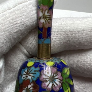 Vintage Cloisonne Enamel Hand Bell Cobalt Blue Floral Brass Bronze China READ