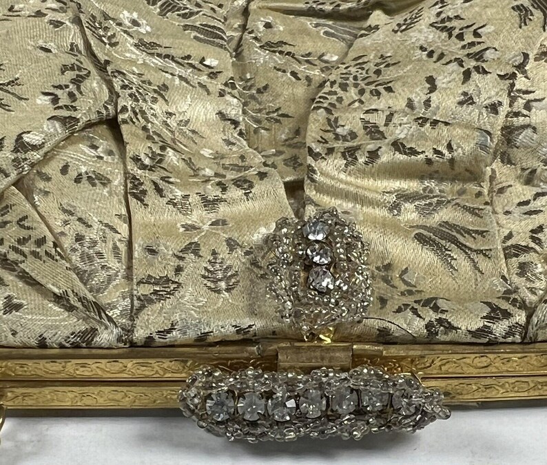 Old French Style 1900s Floral Clutch Bag Rhinestone Gold Lined image 5
