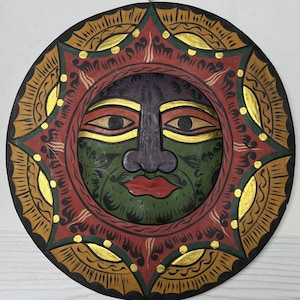 Vintage Folk Art Wood Carved Sun Face Mask Tribal Hand Painted Large - Etsy