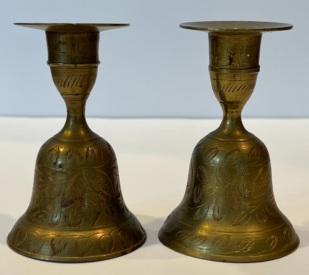 Vintage Lot of 2 Brass Bells of Sarna Candlesticks Candle Holders Etched India Etsy