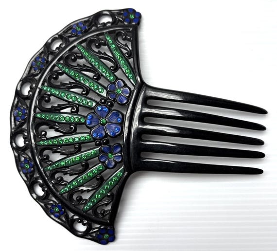 Art Deco Large Fan Shape Hair Comb Black Celluloid  display picture 1