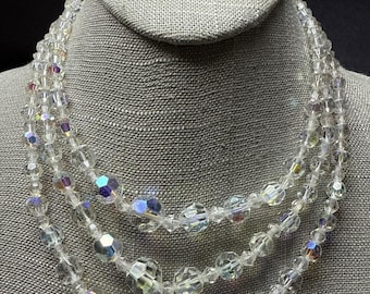 Vintage Triple Strand Faceted Clear Crystals AB Necklace - Etsy display picture 3
