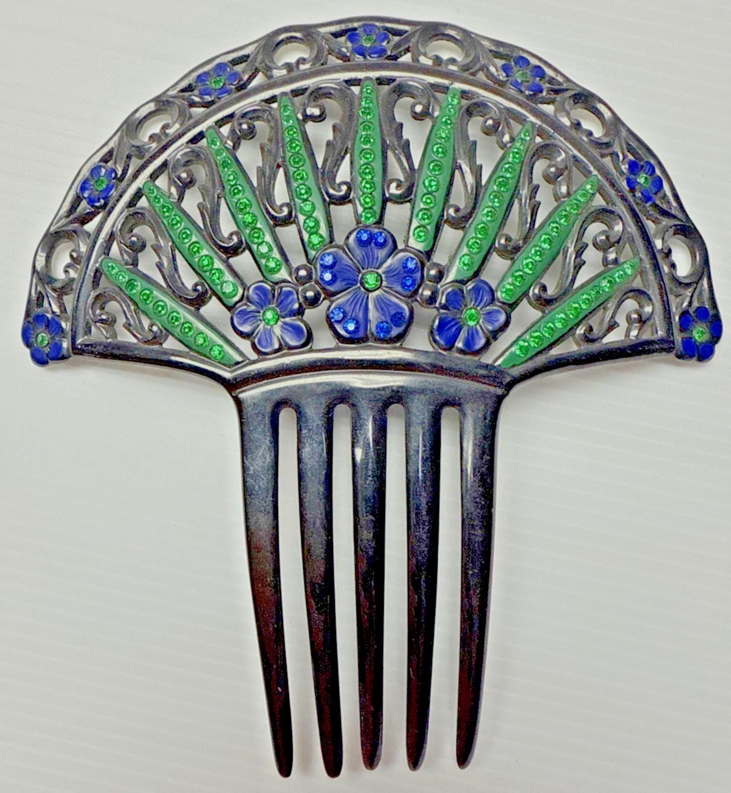 VTG Hair Comb Black Clear Fan Shaped Celluloid Art Deco Art Deco Large Fan Shape Hair Comb Black Celluloid  main image 3