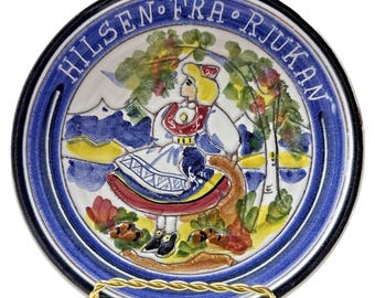 Vintage Terra 1 Norway Hand Painted Folk Art Plate Greetings from Rjukan Girl