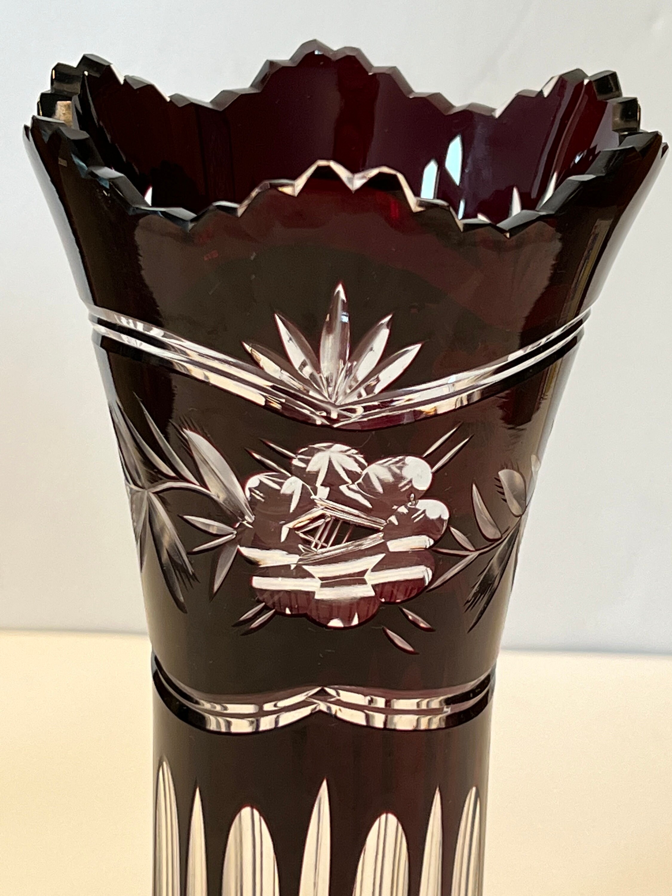 Vintage Bavarian Dark Ruby Red Glass Vase Cut to Clear Floral - Etsy