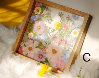 Bright Pressed  Flowers Frame,Wooden Stand Dried Flower Frame,Botanical Art Collage, Mothers Day Christmas Gifts, Floral Room Decor