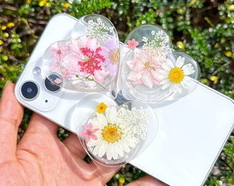 Natural Pressed Flowers Phone Grip, Transparent Heart Mobile Phone Holder, Floral Mobile Phone Holder, Mobile Phone Decoration