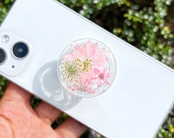 Pressed Flowers Phone Grip, Natural Real Flower Phone Holder, Transparent Round Phone Holder, Flower Phone Grip