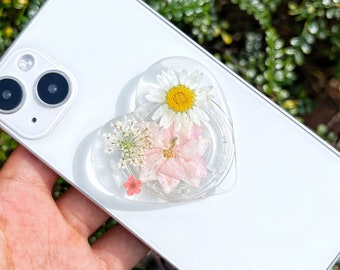 Natural Pressed Flowers Phone Grip, Transparent Heart Mobile Phone Holder, Floral Mobile Phone Holder, Mobile Phone Decoration