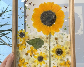 Pressed Sunflower Wildflowers Frame, Wooden Stand Dried Flower Frame, Botanical Art Collage, Mothers Day Christmas Gifts, Floral Room Decor