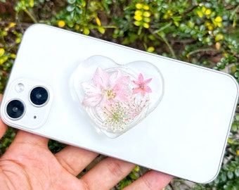 Natural Pressed Flowers Phone Grip, Transparent Heart Mobile Phone Holder, Floral Mobile Phone Holder, Mobile Phone Decoration, Kindle Stand