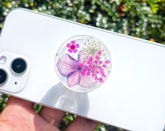 Natural Pressed Flowers Phone Grip White Pink Purple Mobile Phone Holder, Transparent Round Mobile Phone Holder, Floral Mobile Phone Holder