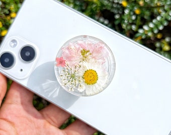 Natural Pressed Flowers Phone Grip, Transparent Heart Round Mobile Phone Holder, Floral Mobile Phone Holder, Electronic Accessories