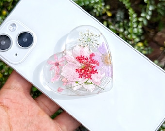 Natural Pressed Flowers Phone Grip, Transparent Heart Mobile Phone Holder, Floral Mobile Phone Holder, Mobile Phone Decoration