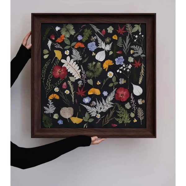 Dark Tones Pressed Flowers Frame, Wooden Frame Dried Flower Frame, Botanical Art Collage, Floral Room Decoration, Housewarming Gift