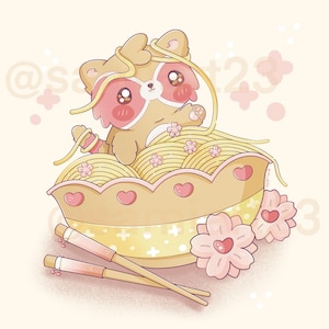May include: A cartoon raccoon wearing pink sunglasses is sitting in a bowl of yellow noodles. The bowl is decorated with pink hearts and there are pink flowers on the side. Two wooden chopsticks are on the table.