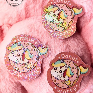 Kawaii Sticker "Donut Worry" Cute unicorn Glitter Paper - Wabisabi Shop by Samiart23