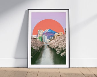 Fuji Retro Print, Tokyo Collage Art, Minimalist Wall Decor, - Cosmic, Vintage, and Space - Beautiful Mount Fuji Art Print