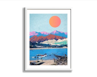 Brelades Bay Art Print, Jersey Isle Collage Art, Retro, Cosmic Art, Vintage Wall Art, Space Art, St Brelades Pier Art Print