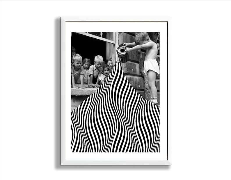 May include: Black and white photo collage of children looking out a window. A boy pours water from a watering can onto a black and white striped pattern.