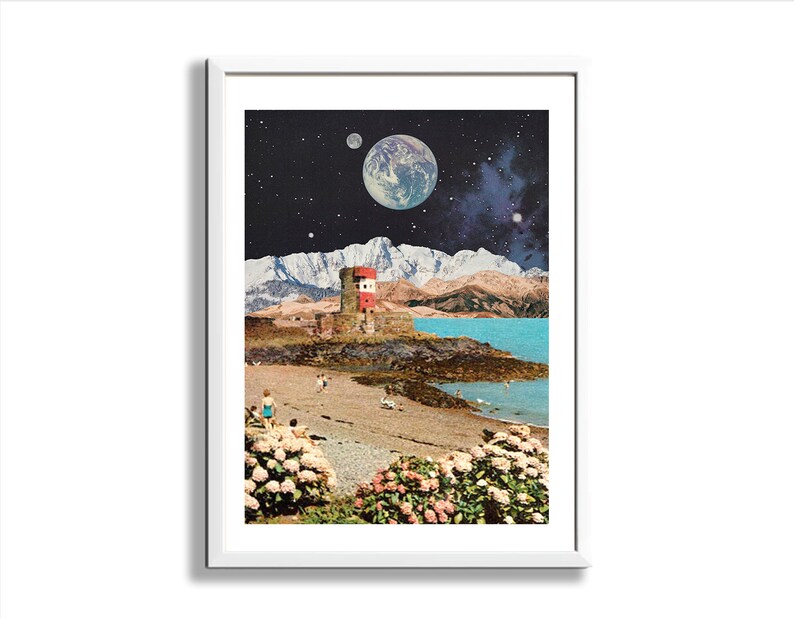 May include: A surrealist collage featuring a red and white building on a rocky beach with a blue ocean and snow-capped mountains in the background. The sky is dark blue with stars and a large planet in the distance.