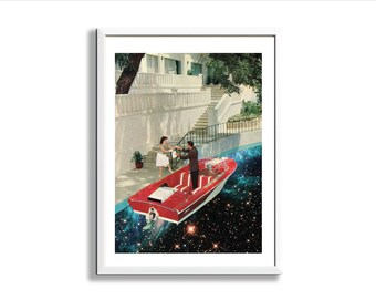 Bonne Nuit Art Print, Vintage Collage Art, Retro, Cosmic Art, Space Art, Speed Boat, Milkyway Art Print