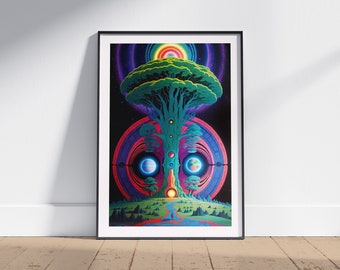 Ancient Tree of Knowledge Art Print, Vintage Space Art, Ancient Forest Temple Artwork, Sci-Fi Poster, Surreal Art, Wall Art Decor