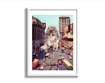 City Kitty Art Print, Vintage Collage Art, Retro, New York City Art, Kitten Art, Cat Lover Art Print