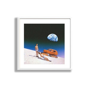 月の入浴レトロコラージュプリント、トリッピーな宇宙の壁アート、スキーアート、除雪車アート、月アート、宇宙アート、ビンテージギャラクシーアートプリント