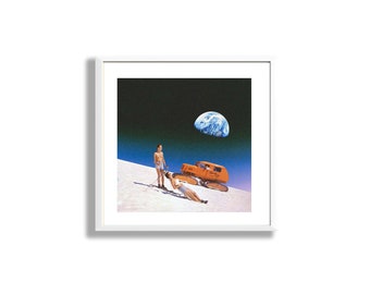 Moon Bathing Retro Collage Print, Trippy Space Wall Art, Skiing Art, Snow Plow Art, Moon Art, Cosmic Art, Vintage Galaxy Art Print