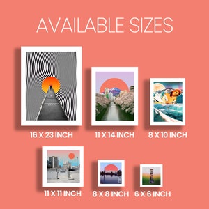 May include: Five different sizes of art prints are shown. The prints feature various colorful and abstract designs. The sizes are 16 x 23 inches, 11 x 14 inches, 8 x 10 inches, 11 x 11 inches, 8 x 8 inches, and 6 x 6 inches.